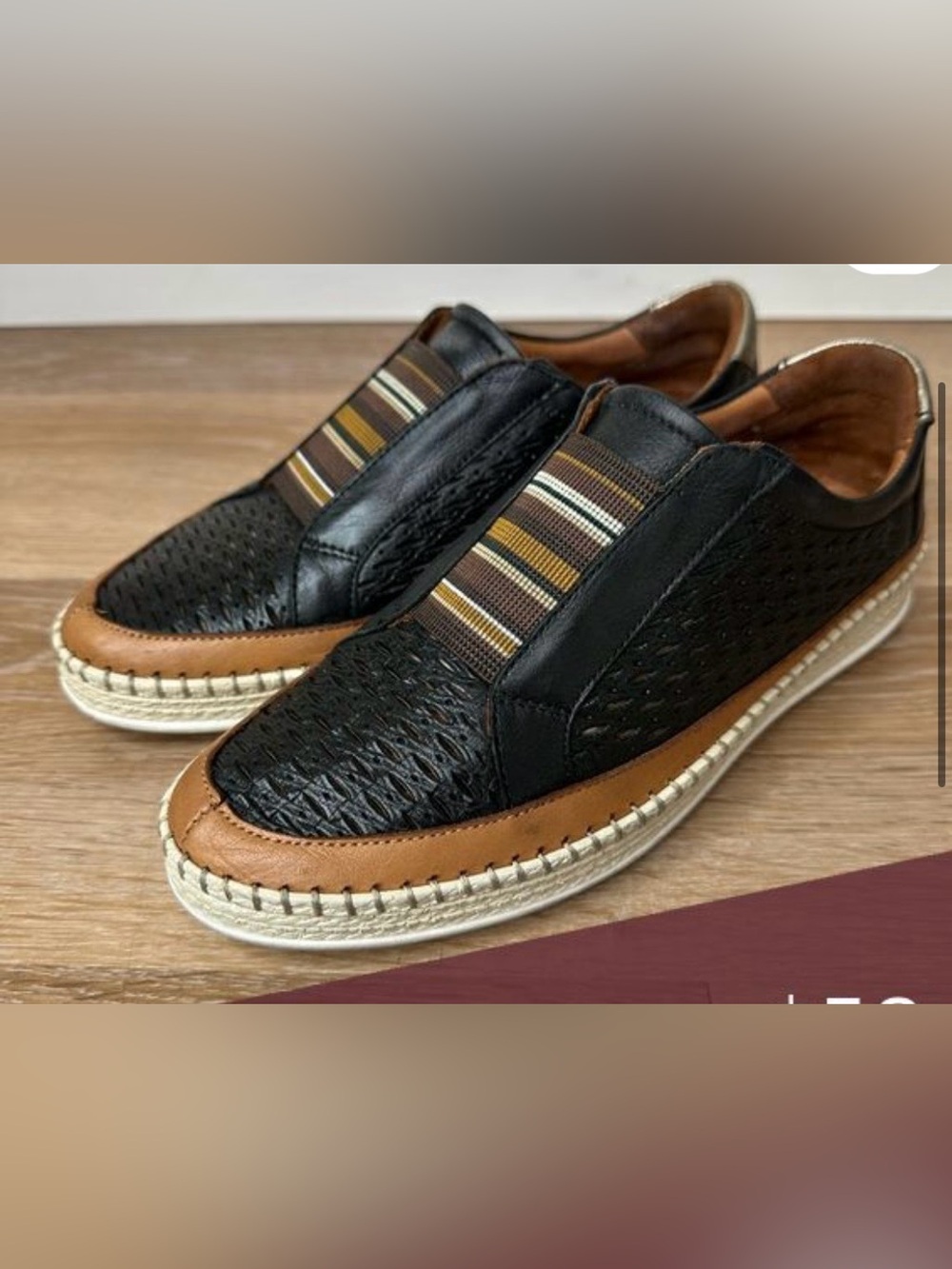 Women's Biza Pippa Black w/Brown Slip-On Loafers w/Striped Elastic. Size 8.5(39)